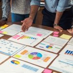 Visão superior de gráficos coloridos e notas no relatório de performance de anúncios.