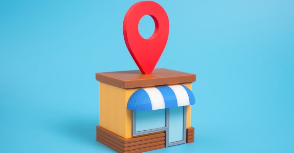 Ícone de localização sobre loja em miniatura ilustra o Google meu negócio para pequenas empresas.